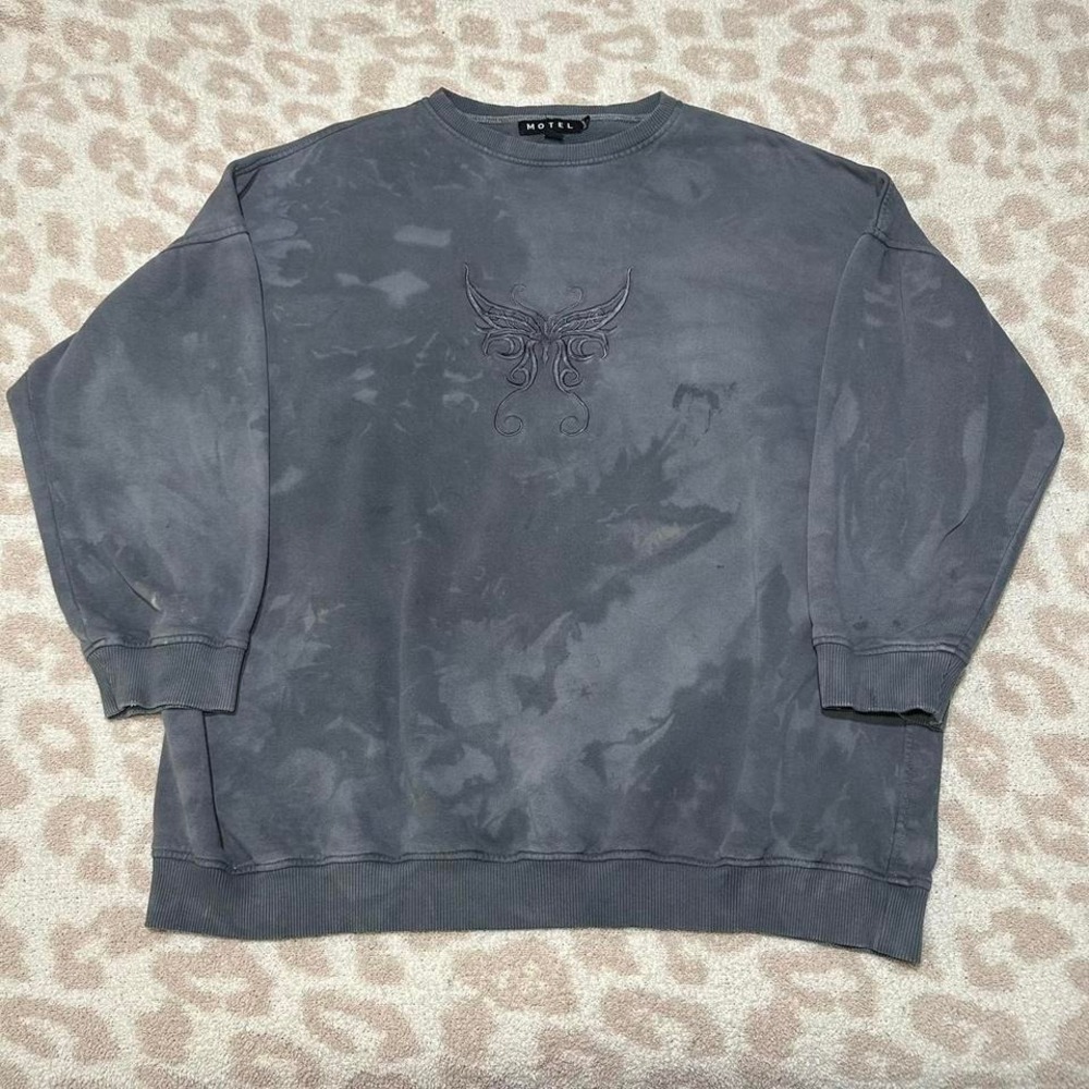 Motel Rocks‎ Sweatshirt Bleach Wash Oversized Butterfly Grey Small E56
